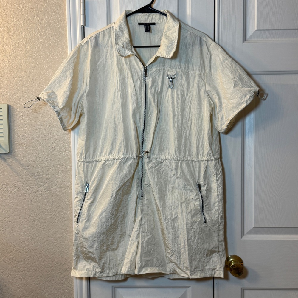 Forever 21 White Nylon One Piece Shorts Summer Romper, Women's Size XL Front Zip